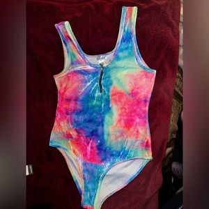 I HEART RAVES Tie Dye Front Half Zipper Bodysuit